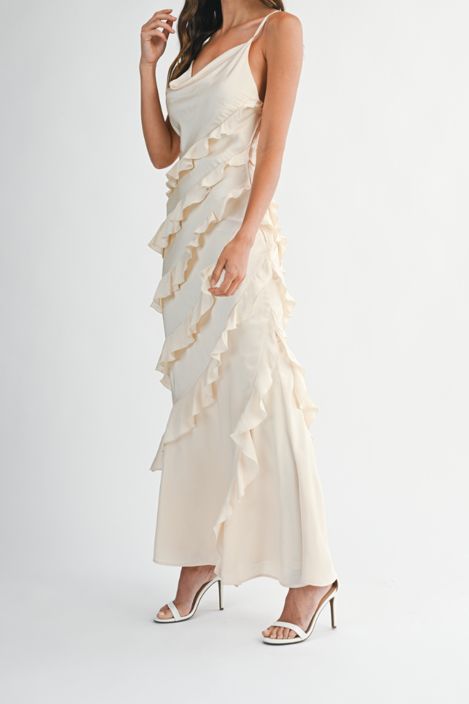 Clo Satin Ruffle Maxi Dress - Cream