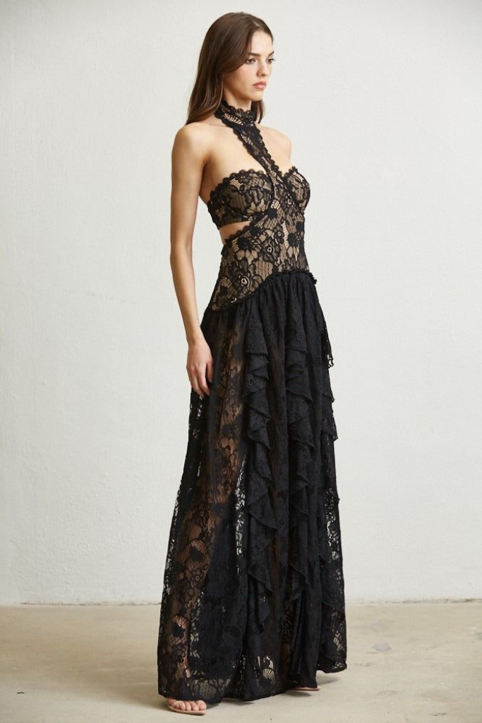 Go Bold Lace Halter Maxi Dress - Black