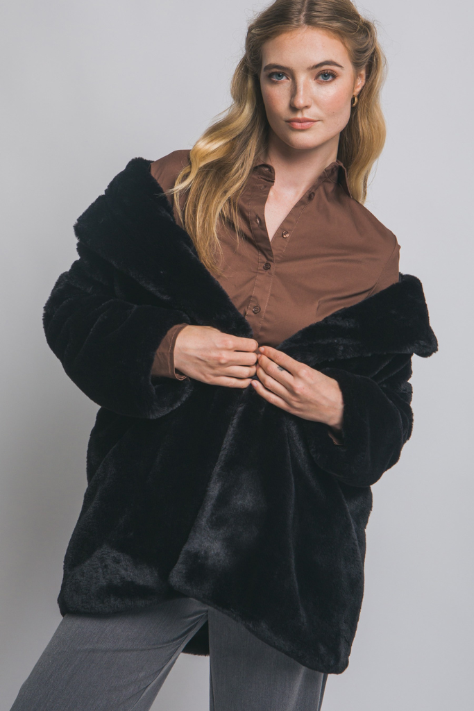 Heart Catch Faux Fur Jacket - Black