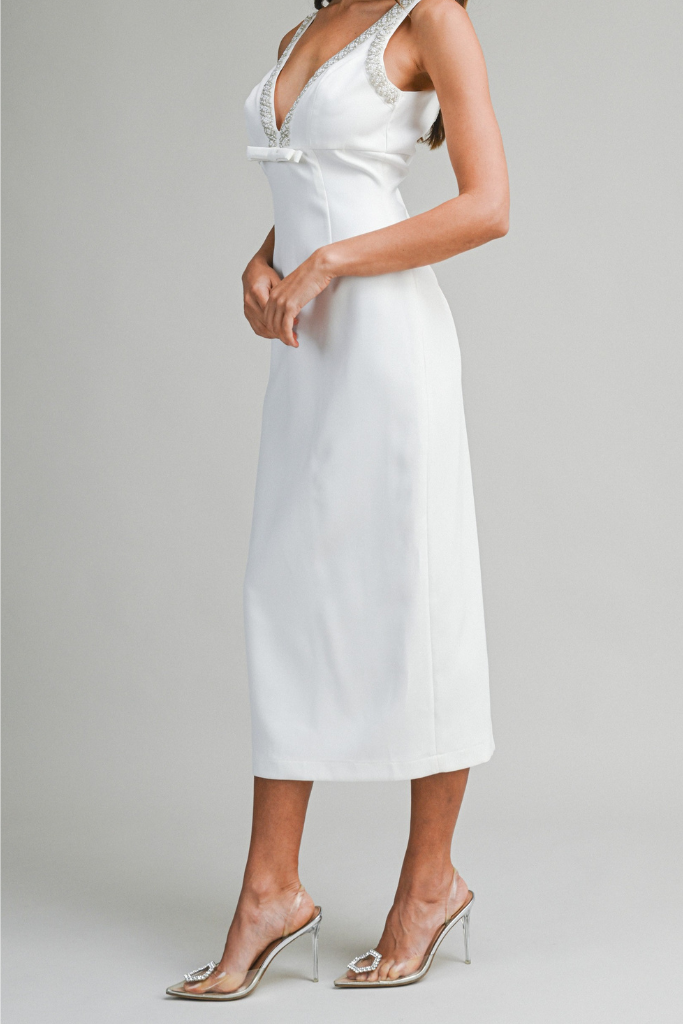 Easton V Neck Midi Dress - White