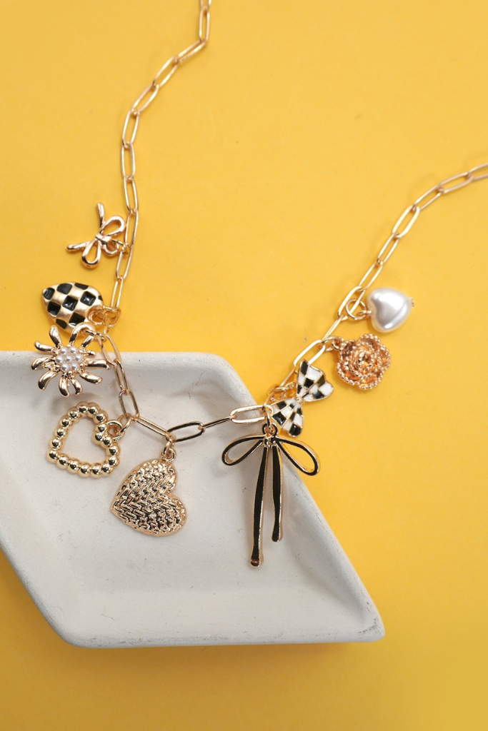 Checkered Charm Necklace - Gold/Black