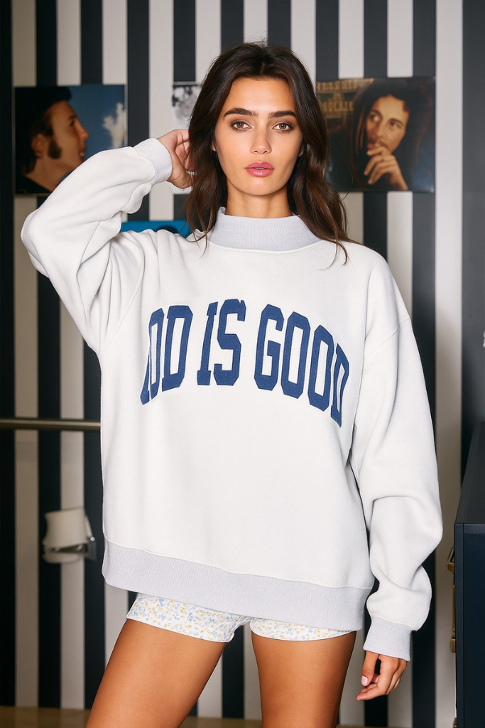God is Good Reversible Mock Neck Sweatshirt - Ash Grey/Vintage Blue