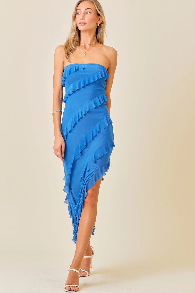 About Style Strapless Frill Dress - Blue