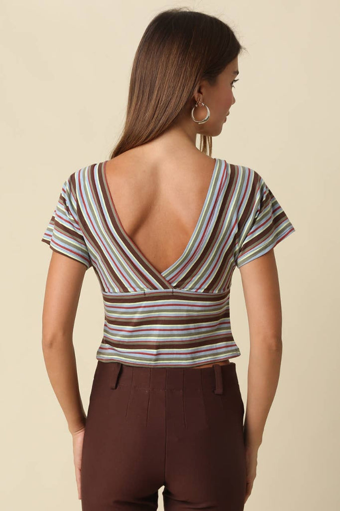 Done Deal Striped Crop Top - Blue/Brown