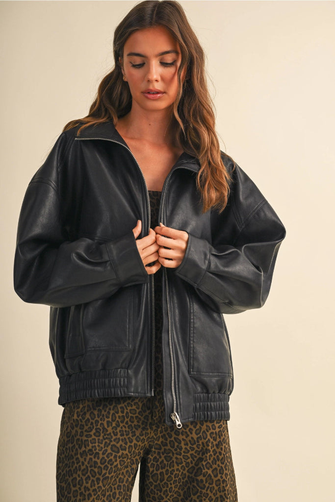 No Filter Oversized Fuax Leather Jacket - Black