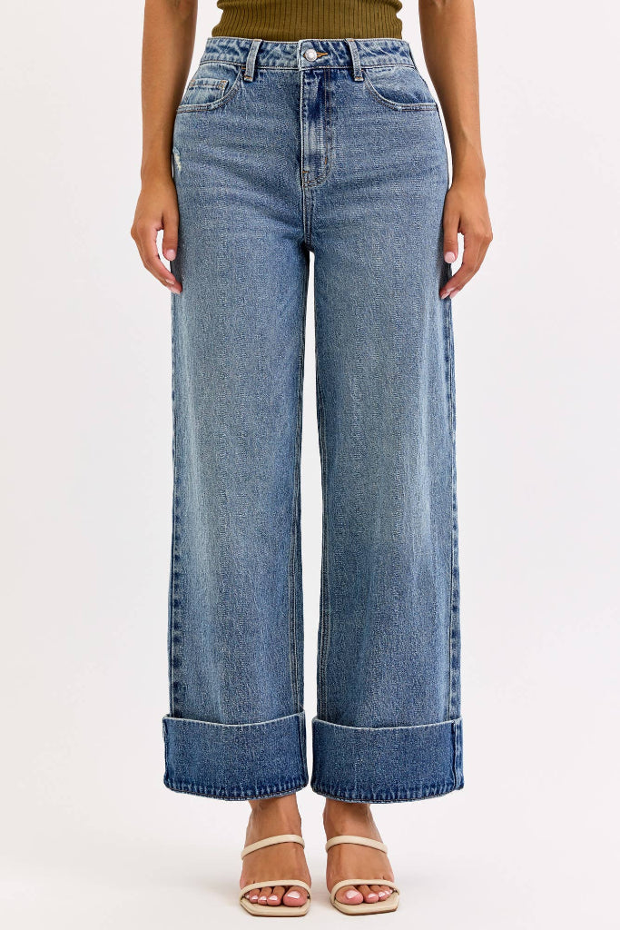Struck Out Cuffed Wide Leg Jeans - Medium Wash