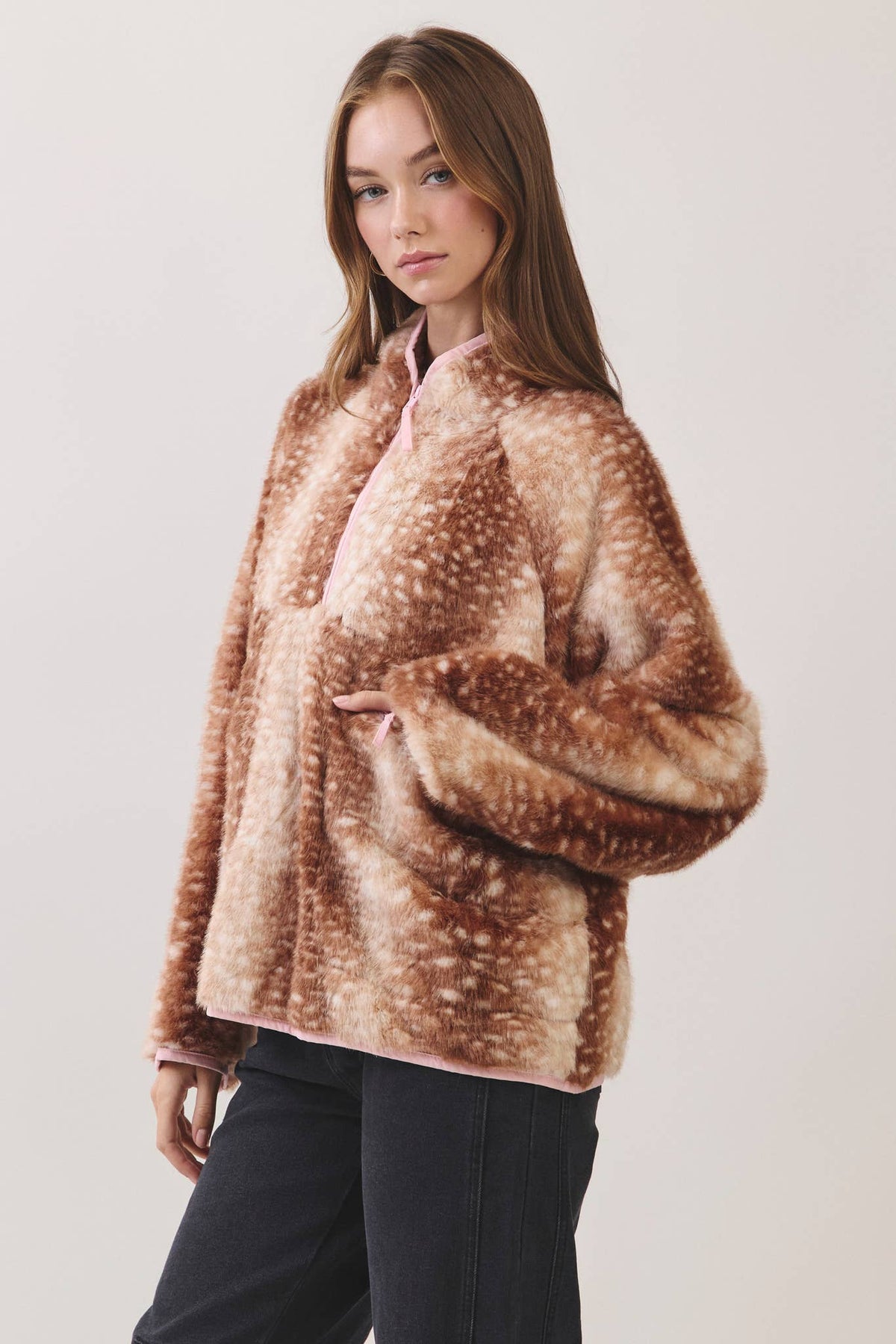 No Bounds Deer Print Half-Zip Jacket - Brown