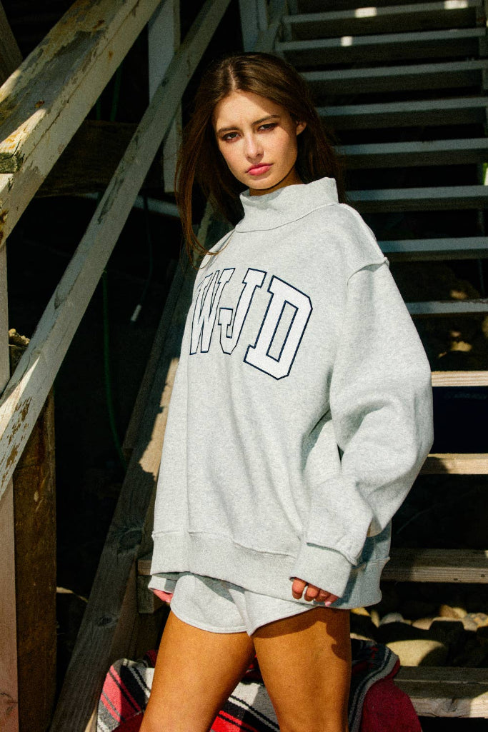 WWJD Embroidered Mock Neck Sweatshirt - Grey