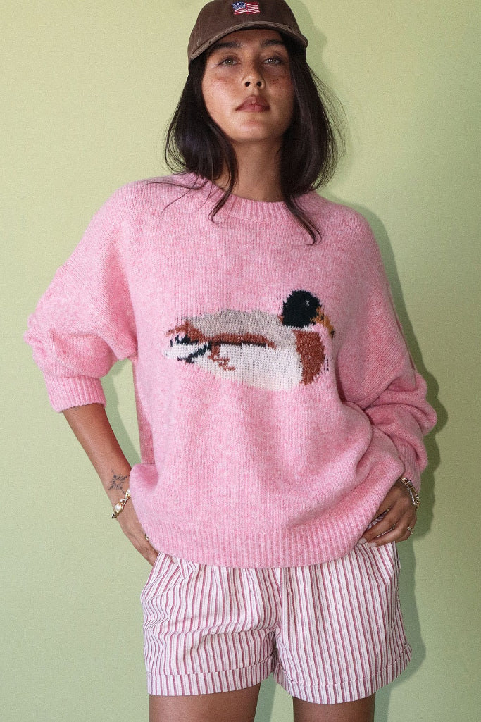 Lucky Duck Graphic Knit Sweater - Baby Pink
