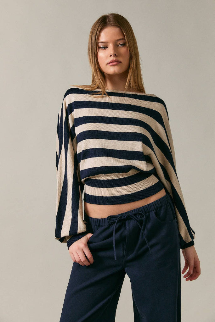 Hanging Out Striped Top - Navy/Taupe