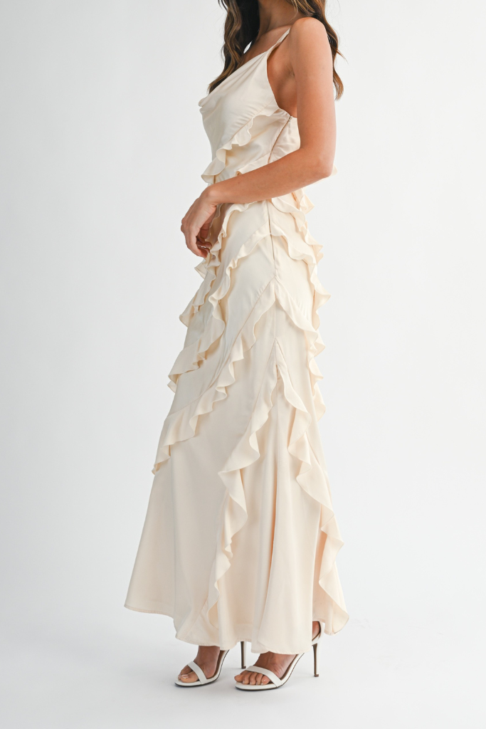 Clo Satin Ruffle Maxi Dress - Cream