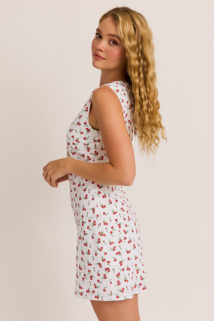 The Vivian Floral Dress - White/Red