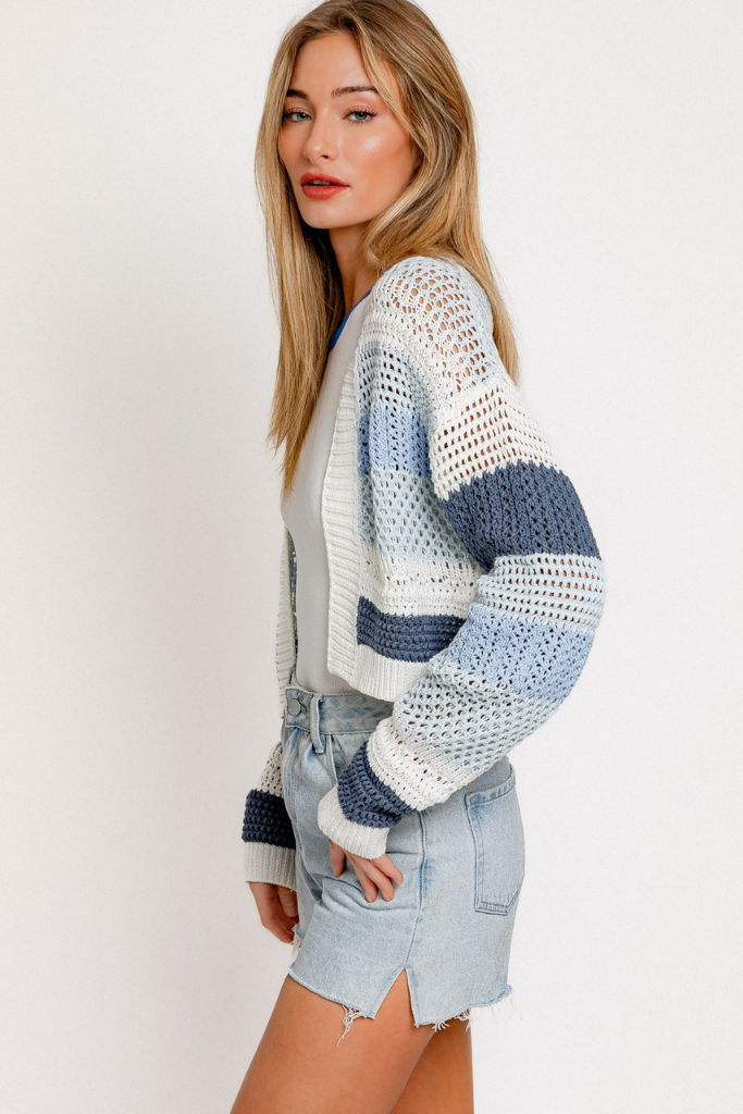 The Carlie Knit Cardigan - Blue/White