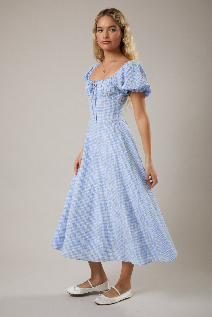 Getting Ready Gingham Midi Dress - Blue/White