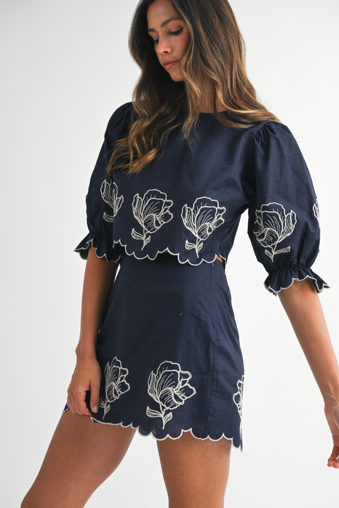 Must Be Love Embroidered Skirt- Navy