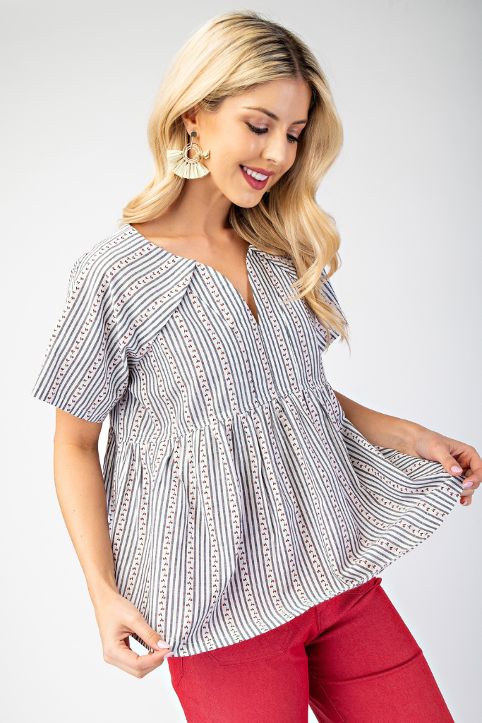 Vicky Striped Babydoll Top - Navy