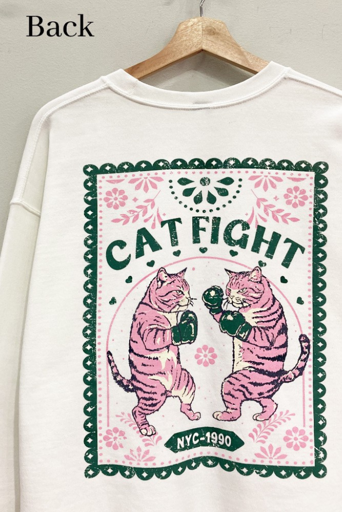 Back of white sweatshirt with large pink and green Cat Fight boxing tigers graphic