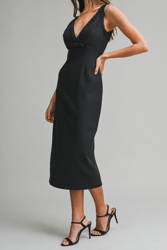 Easton V Neck Midi Dress - Black