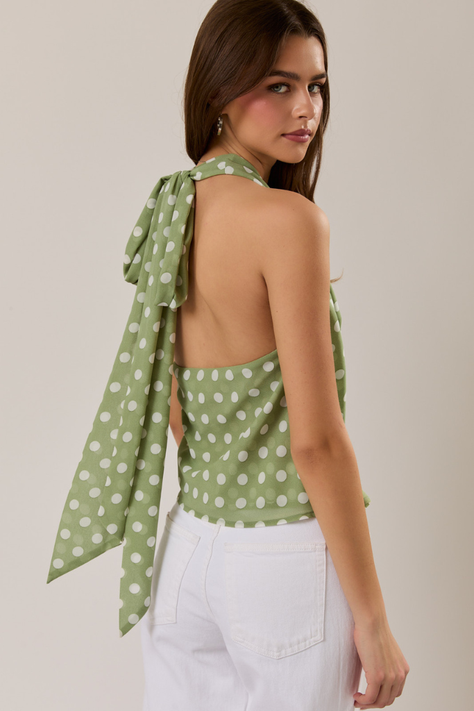Polly Polka Dot Halter Top - Green/White