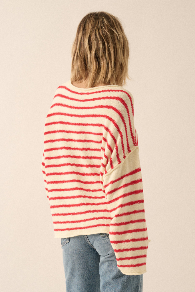Tula Striped Off Shoulder Sweater - Cream/Red