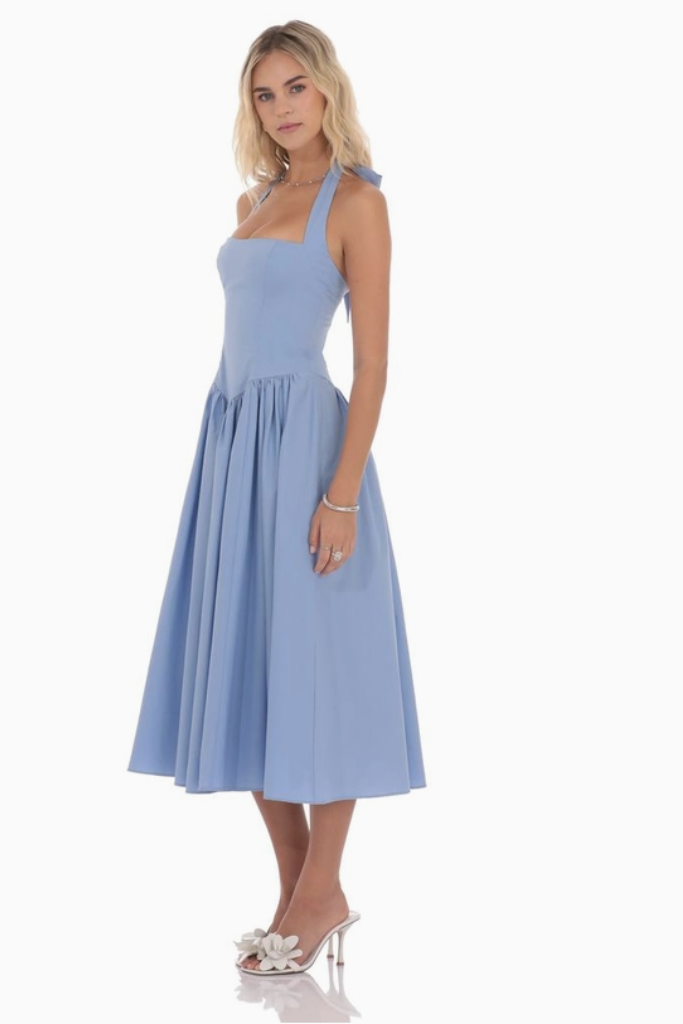 Heaven Sent Halter Midi Dress- Light Blue