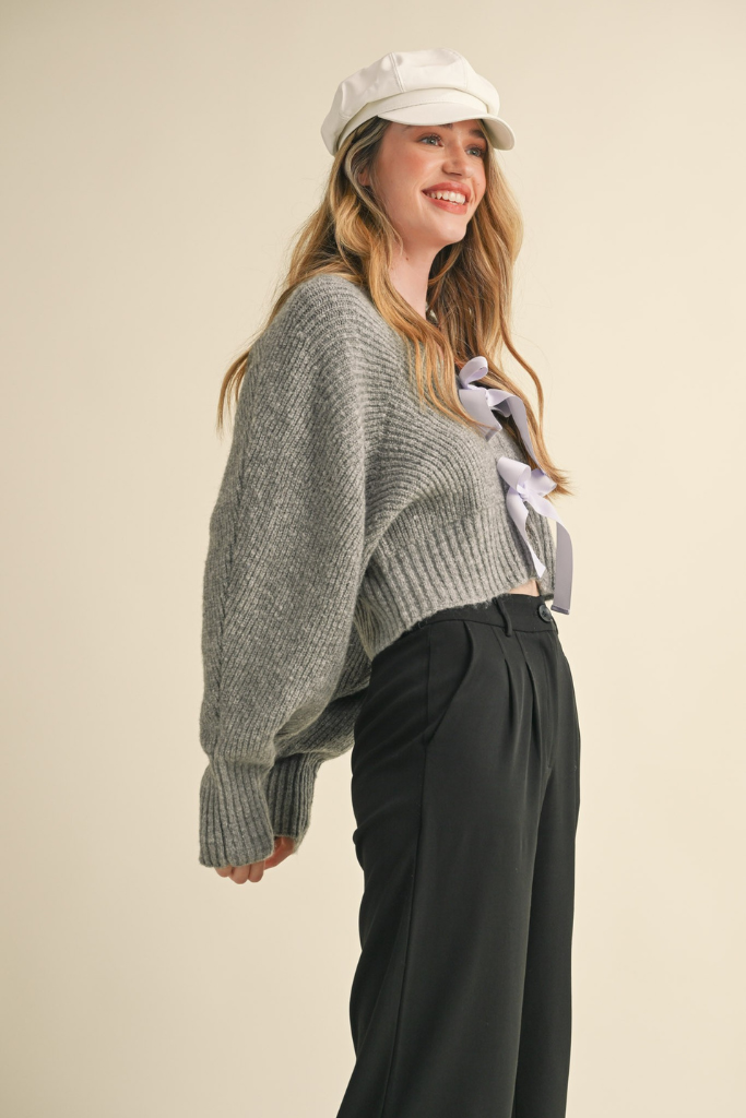 Have It All  Bow Cardigan - Grey