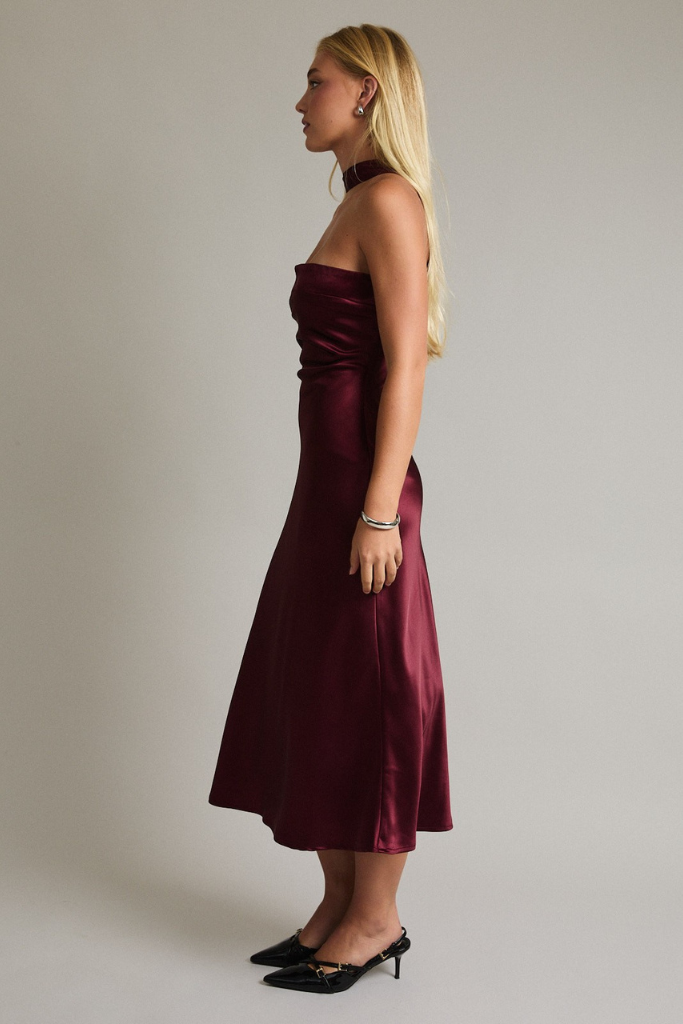 Show Off Satin Midi Dress-  Burgundy