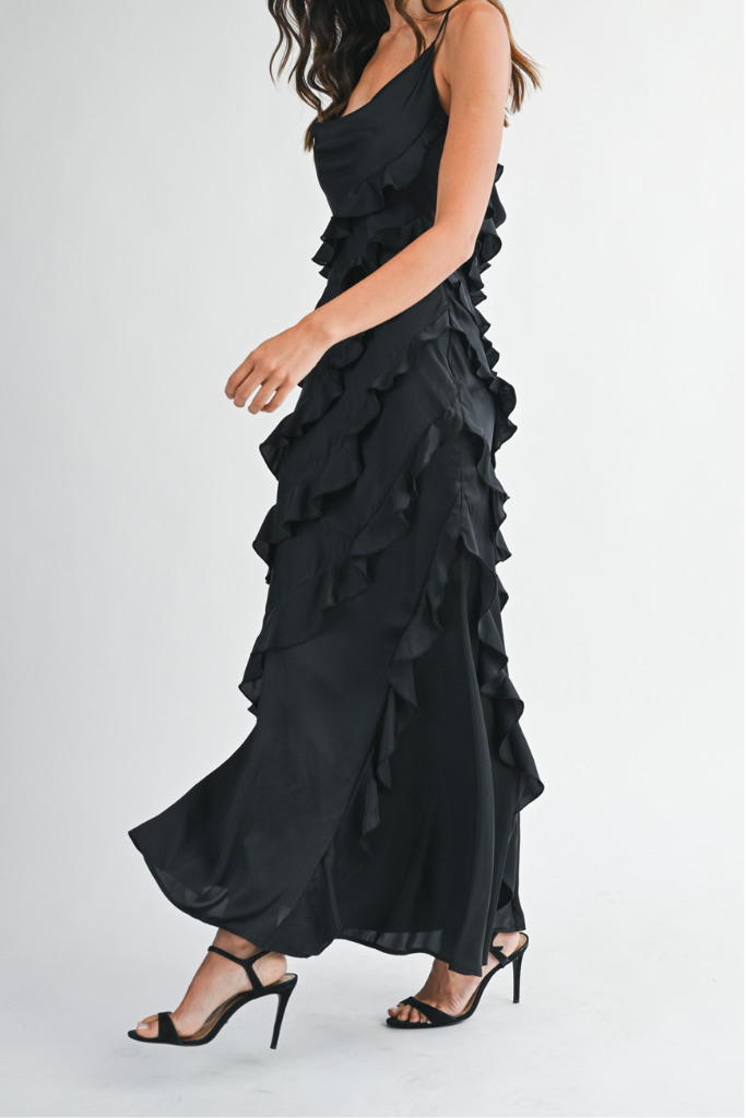 Clo Satin Ruffle Maxi Dress - Black