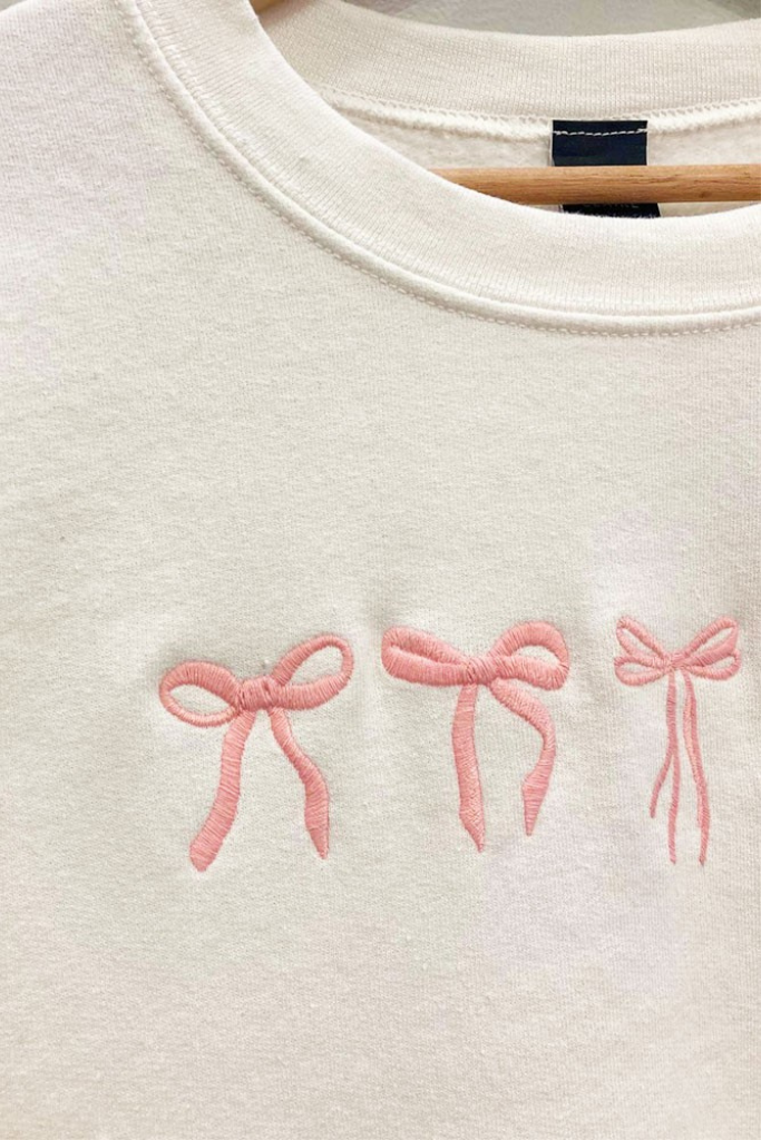 Embroidered Bow Sweatshirt - Cream/Pink