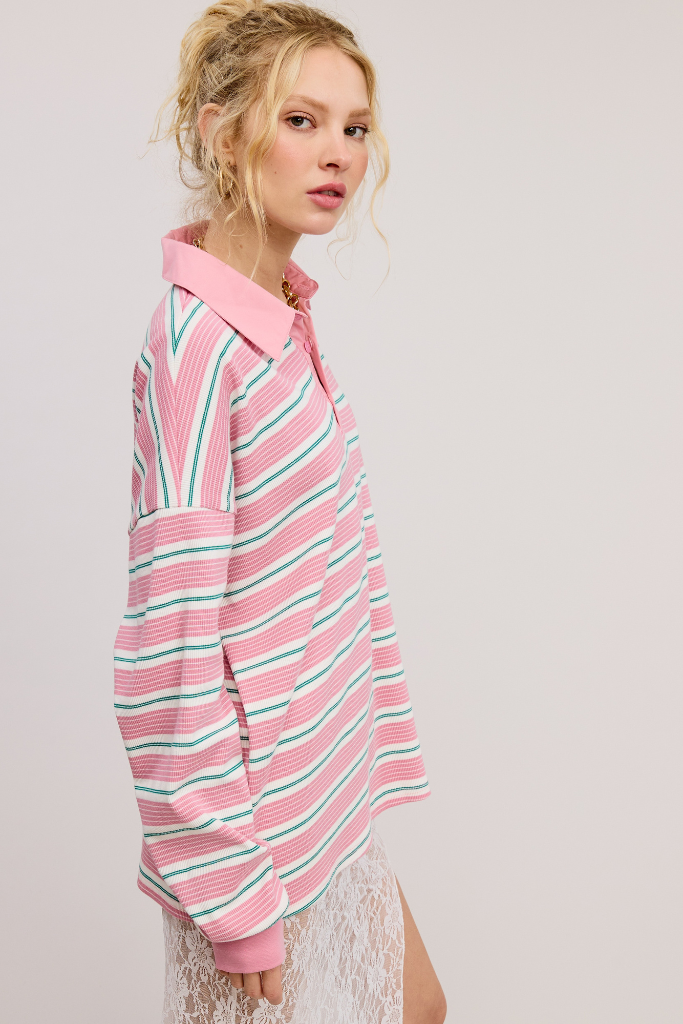 Easy Enough Striped Polo Top - Pink