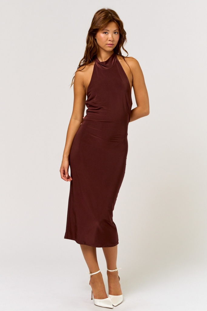 Maci Halter Midi Dress - Brown