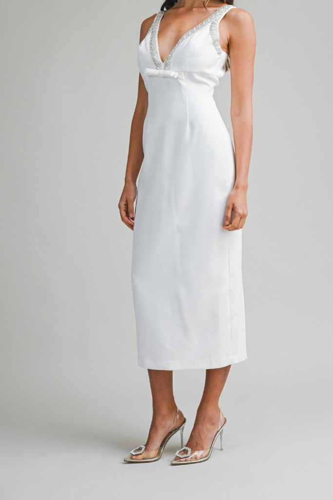 Easton V Neck Midi Dress - White