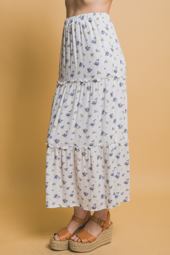 Sweet Lies Floral Maxi Skirt - White/Blue
