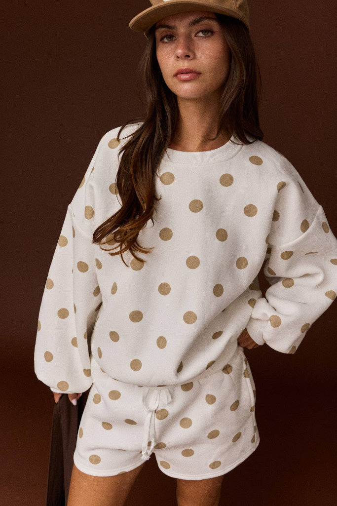 Heart Throb Polka Dot Fleece Set - Taupe/White