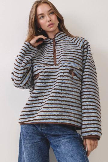 Offbeat Striped Sherpa Jacket - Blue/Brown