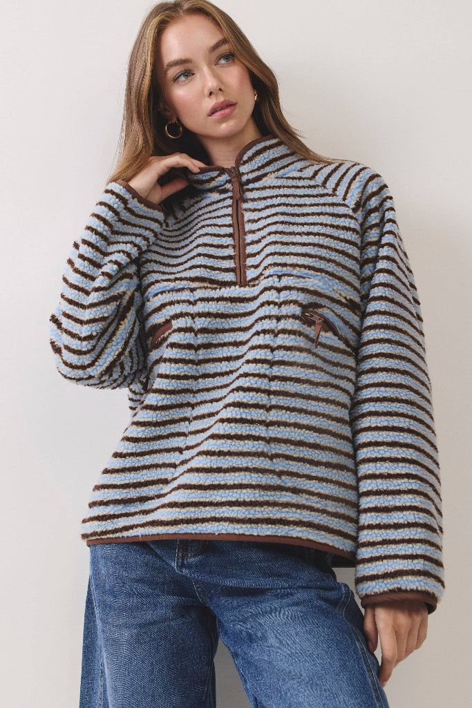 Offbeat Striped Sherpa Jacket - Blue/Brown