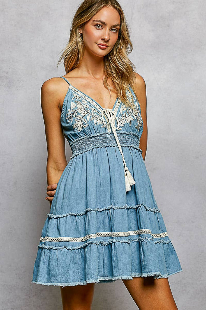Wild Stitch Embroidered Ruffle Dress - Denim