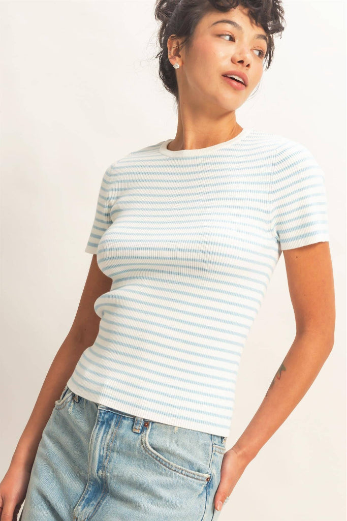Hot Enough Striped Ribbed Top - Light Blue
