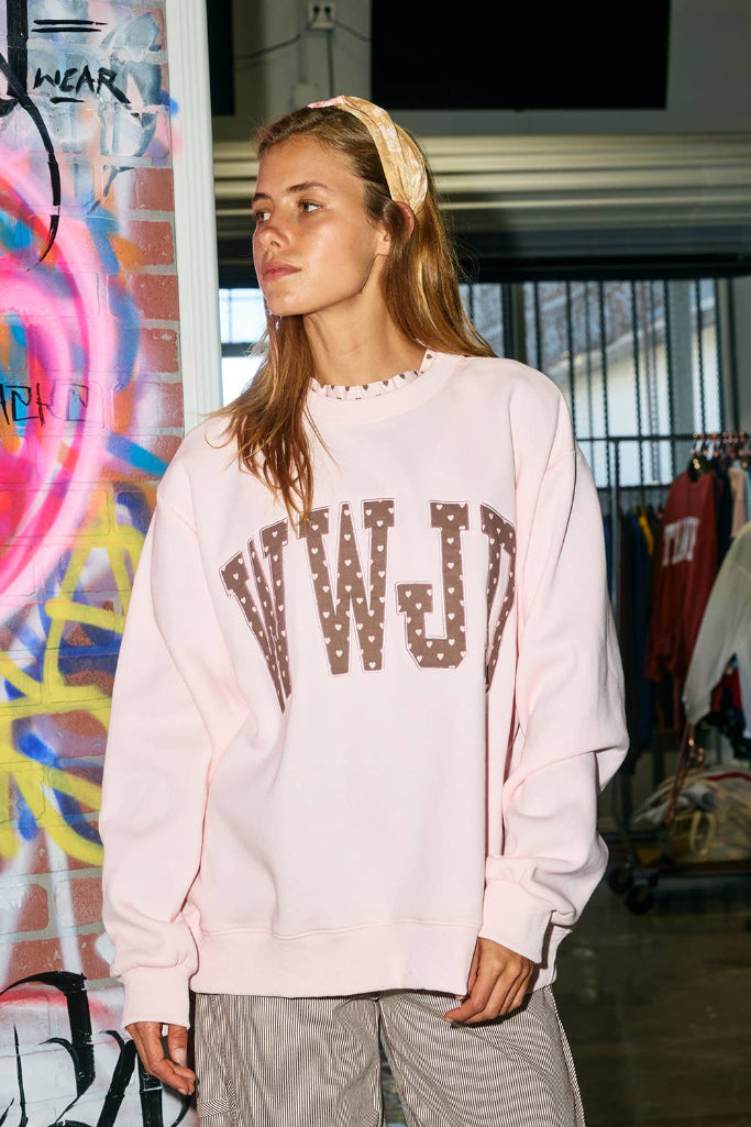 WWJD Heart Mockneck Ruffle Sweatshirt - Pink/Brown