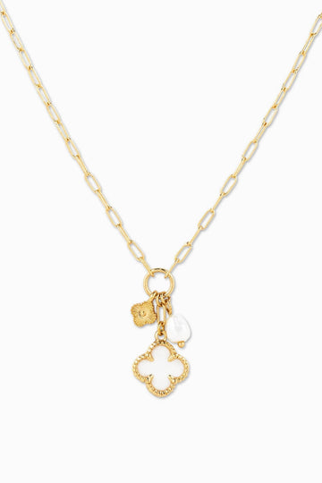 Ever Lucky Clover Charm Necklace - White/Gold