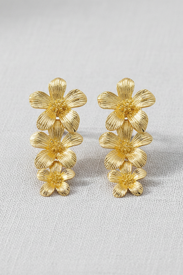 Pair of gold floral earrings on a light gray background