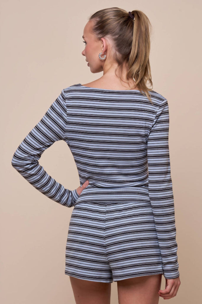 About Time Striped Top & Shorts Set - Brown/Blue