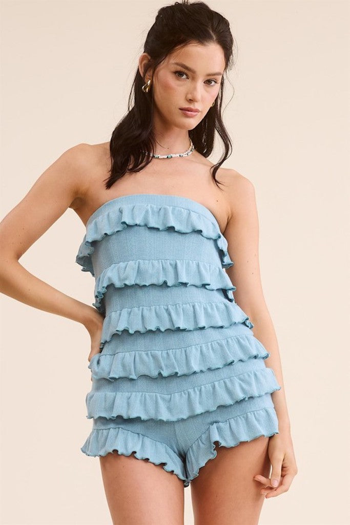 Melrose Ruffled Romper- Light Blue