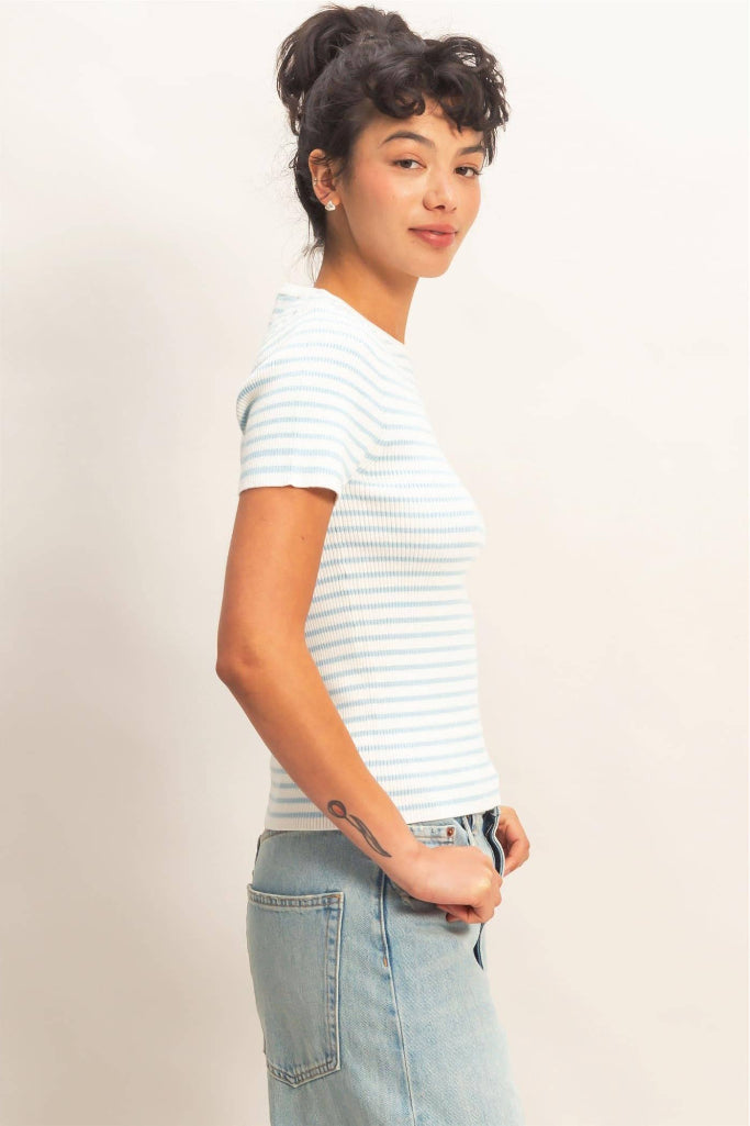 Hot Enough Striped Ribbed Top - Light Blue