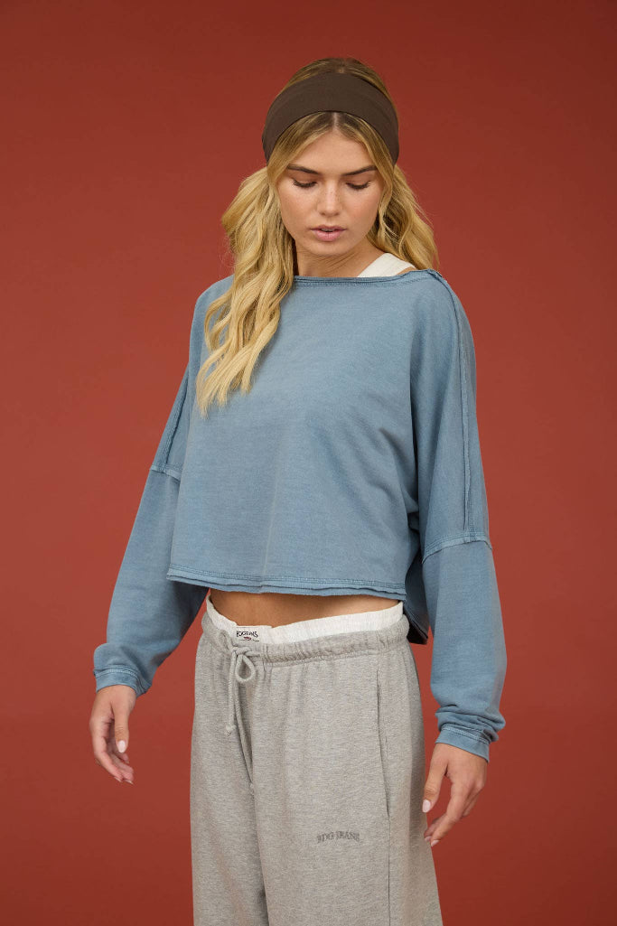 Style Sense Boat Neck Crop Top - Slate Blue