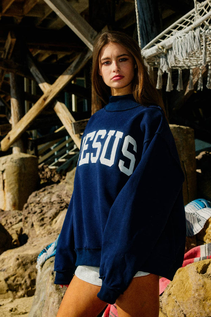Jesus Mock Neck Sweatshirt - Navy
