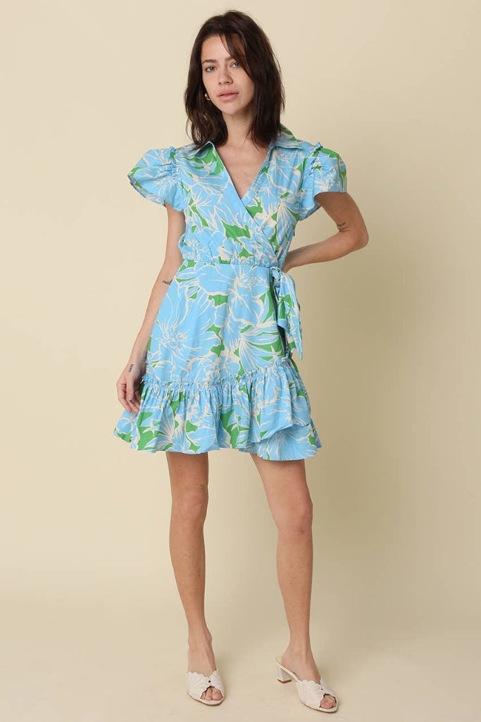Bayley Floral Ruffle Wrap Mini Dress - Blue