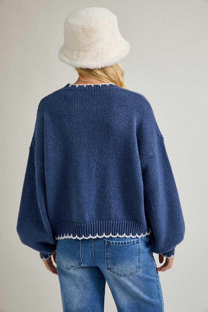 Croissant Stitched Sweater - Dusty Blue