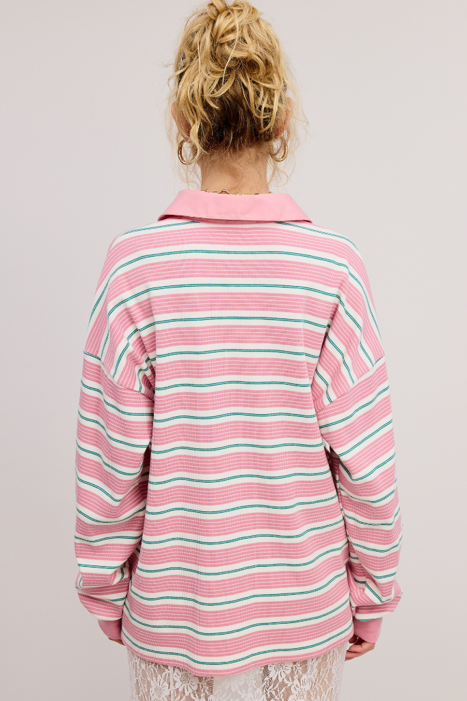 Easy Enough Striped Polo Top - Pink