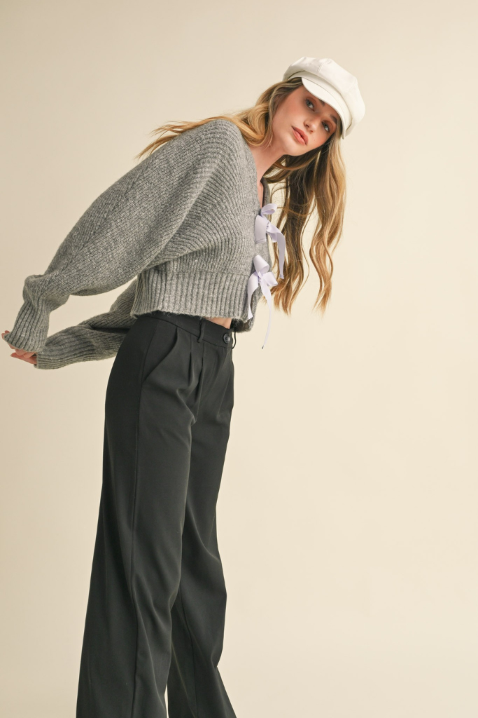 Have It All  Bow Cardigan - Grey